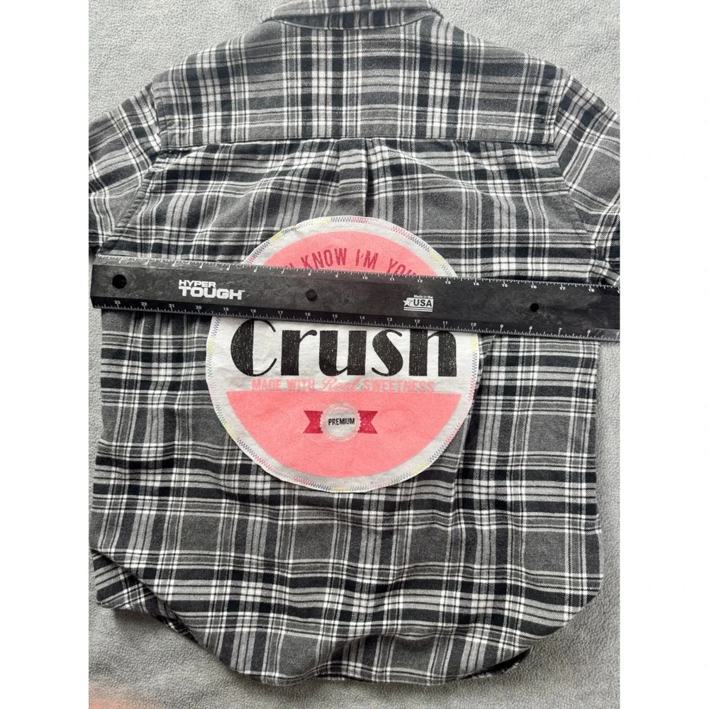 Grey Plaid Flannel Button Down Shirt Back Crush Graphic Patch Long Sleeve Small‎